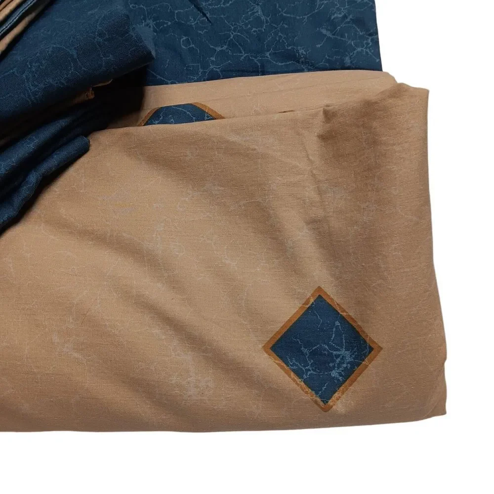 Vintage 80's springs King size‎ bed sheet skirt pillow cases Beige Blue diamond